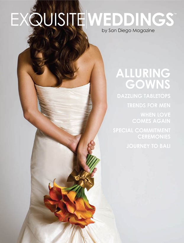 Exquisite Weddings Magazine 1st issue cover of a bride in a white dress holding orange cala lilies