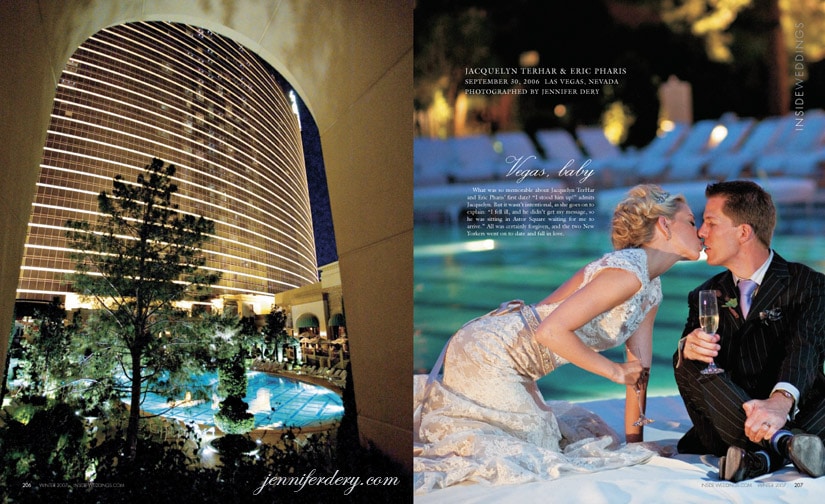 Feature page of Inside Weddings magazine. Wedding couple is at the Wynn Las Vegas. Here the couple is seated in the swimming pool, at night, drinking champagne and kissing.