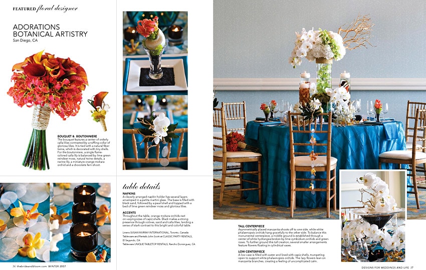 Feature in Bride & Bloom Magazine of adorations flowers and decor created of a wedding couple. Turquoise, orange and white are the colors.