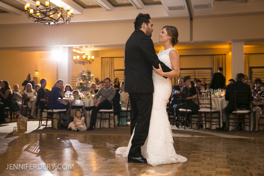 wedding ballroom at estancia la jolla. photo of first dance with guests in background