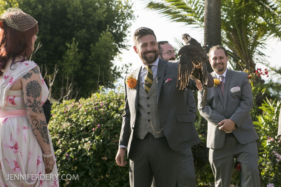 photo of wedding ceremony with falcon ring bearer