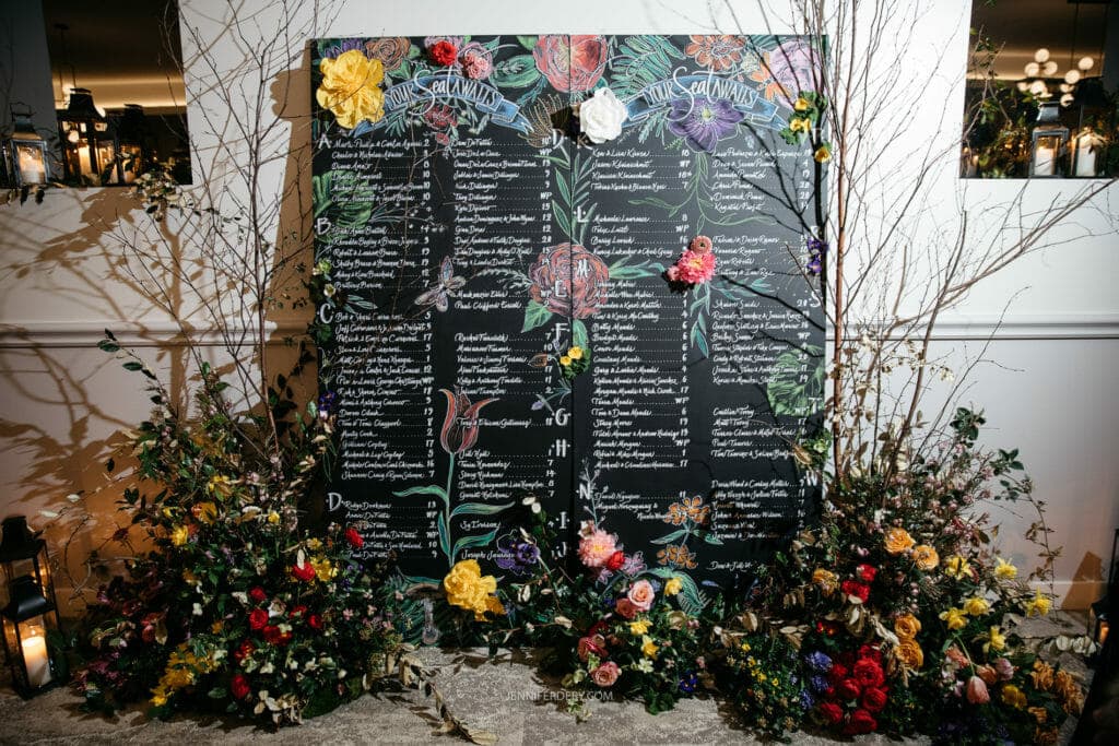 A large chalkboard adorned with colorful floral illustrations displays a detailed event itinerary or menu. The board is surrounded by lush floral arrangements and branches, creating a vibrant and festive atmosphere. Lanterns and a softly lit background complete the scene.