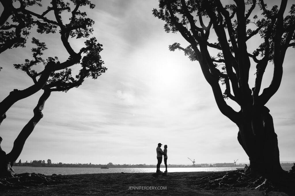 engagement couple session silouhette photo idea. location is at a local san diego hotel with palm trees in the background.