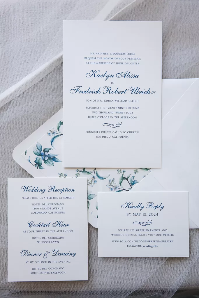 flat-lay photo of an all white wedding invitation suite. text printed in navy blue ink with a floral envelope liner