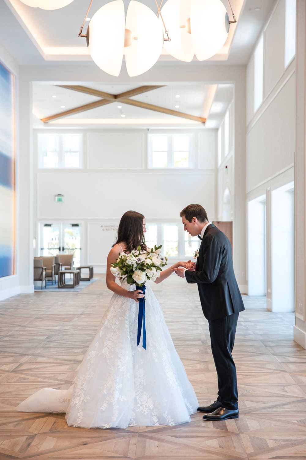 Foyer of Southpointe Ballroom event center with bride and groom at the hotel Del Coronado