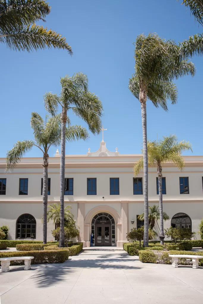 front photo if the front of founders chapel at USD in San Diego