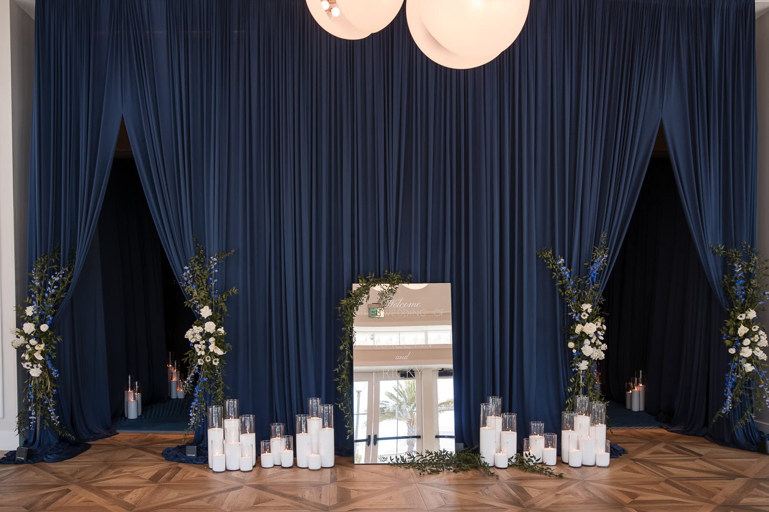 Foyer of Southpointe Ballroom event center navy and white candle decor for entrance