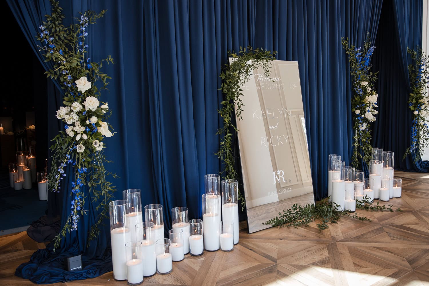 Foyer of Southpointe Ballroom event center navy and white candle decor for entrance