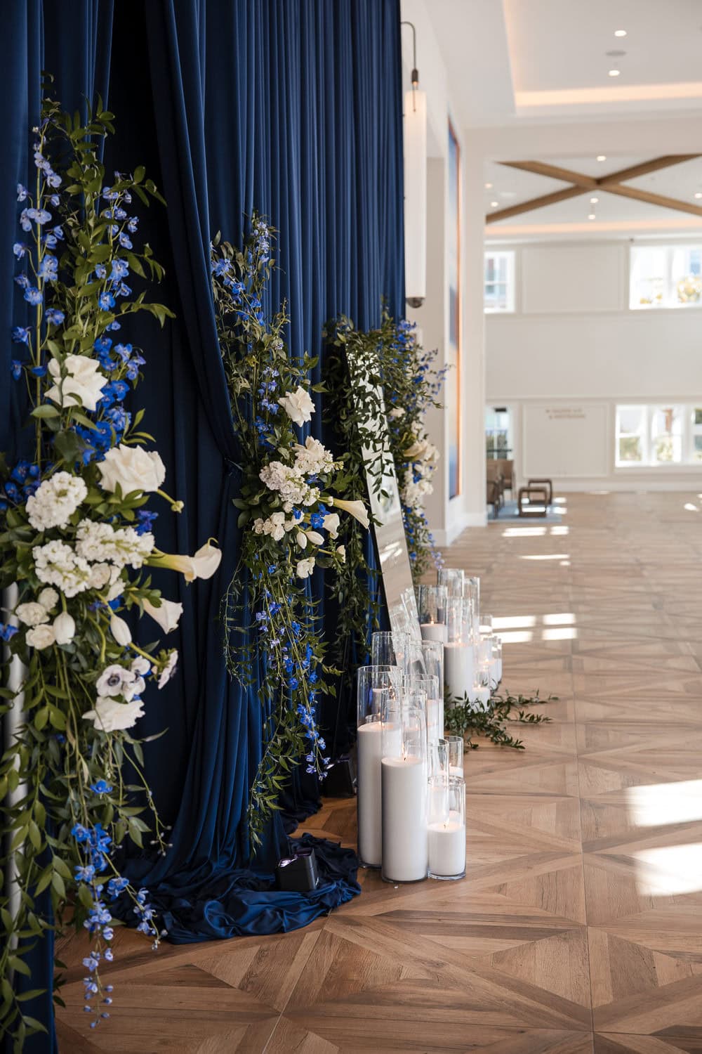 Foyer of Southpointe Ballroom event center navy and white candle decor for entrance