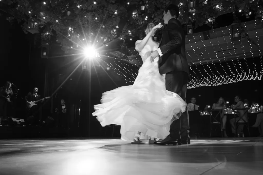 black & white 1st dance photo of couple in ballroom of southpointe ballroom at the hotel del coronado, CA